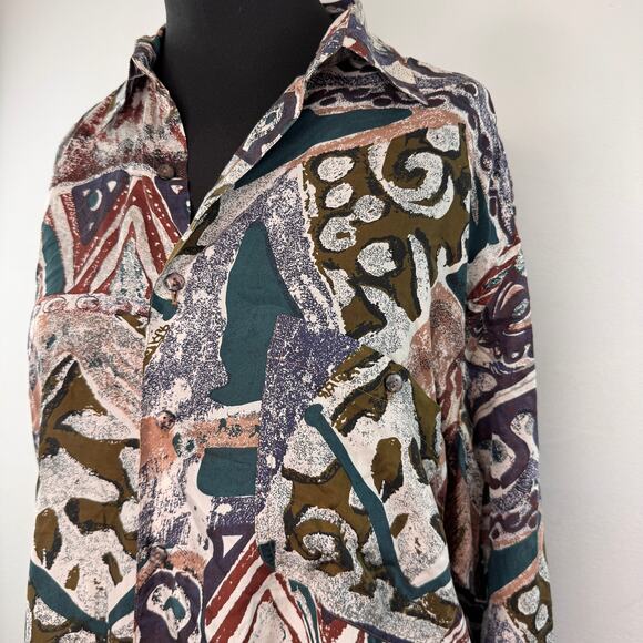 VINTAGE IN Private Blouse Silk Abstract Collared Casual Button-Up Size Medium M - Picture 2 of 5